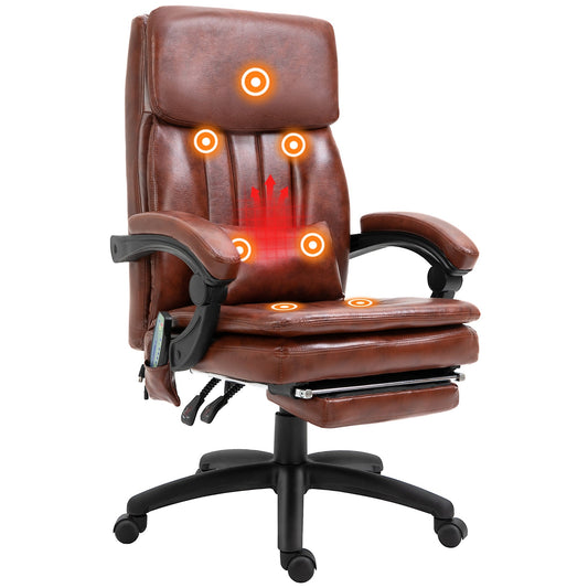 Vinsetto High Back Office Chair, Gaming Recliner Chair with Footrest, 7 Massage Points, Adjustable Height, Reclining Back, PU Leather, Brown