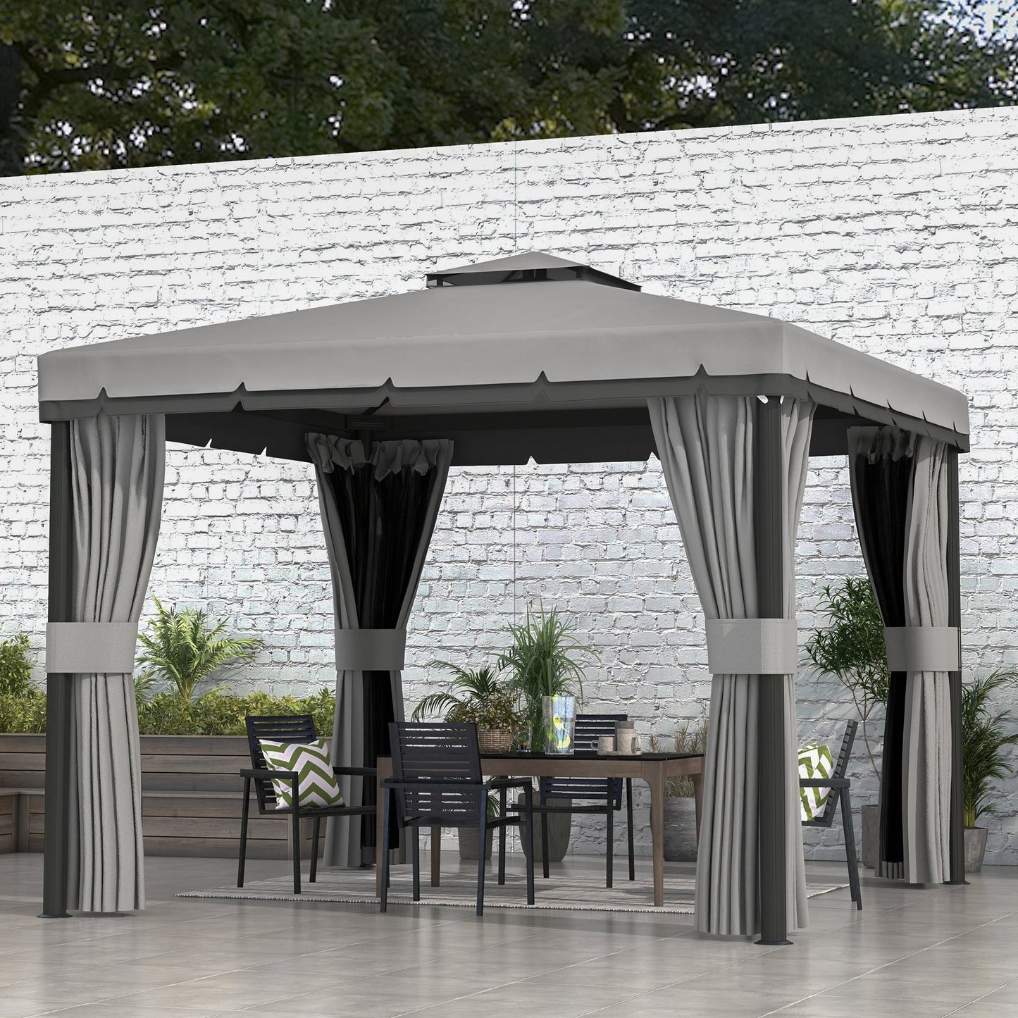 Outsunny 3 x 3(m) Patio Altana Baldachim Pawilon ogrodowy Namiot schronienie namiot z 2-poziomowym dachem, siatką i zasłonami, jasnoszary