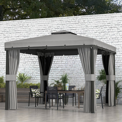 Outsunny 3 x 3(m) Patio Altana Baldachim Pawilon ogrodowy Namiot schronienie namiot z 2-poziomowym dachem, siatką i zasłonami, jasnoszary