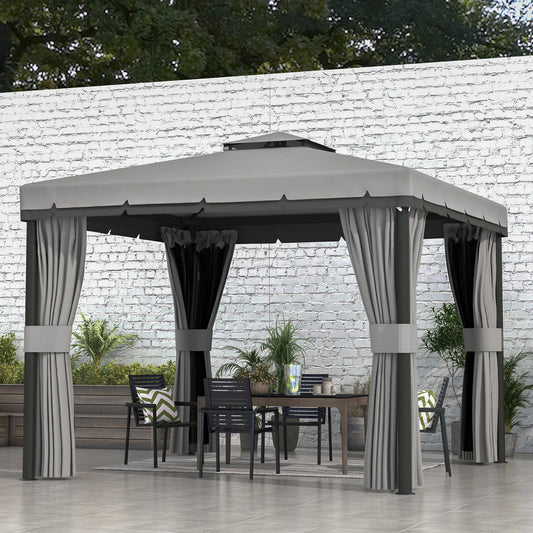 Outsunny 3 x 3(m) Patio Altana Baldachim Pawilon ogrodowy Namiot schronienie namiot z 2-poziomowym dachem, siatką i zasłonami, jasnoszary