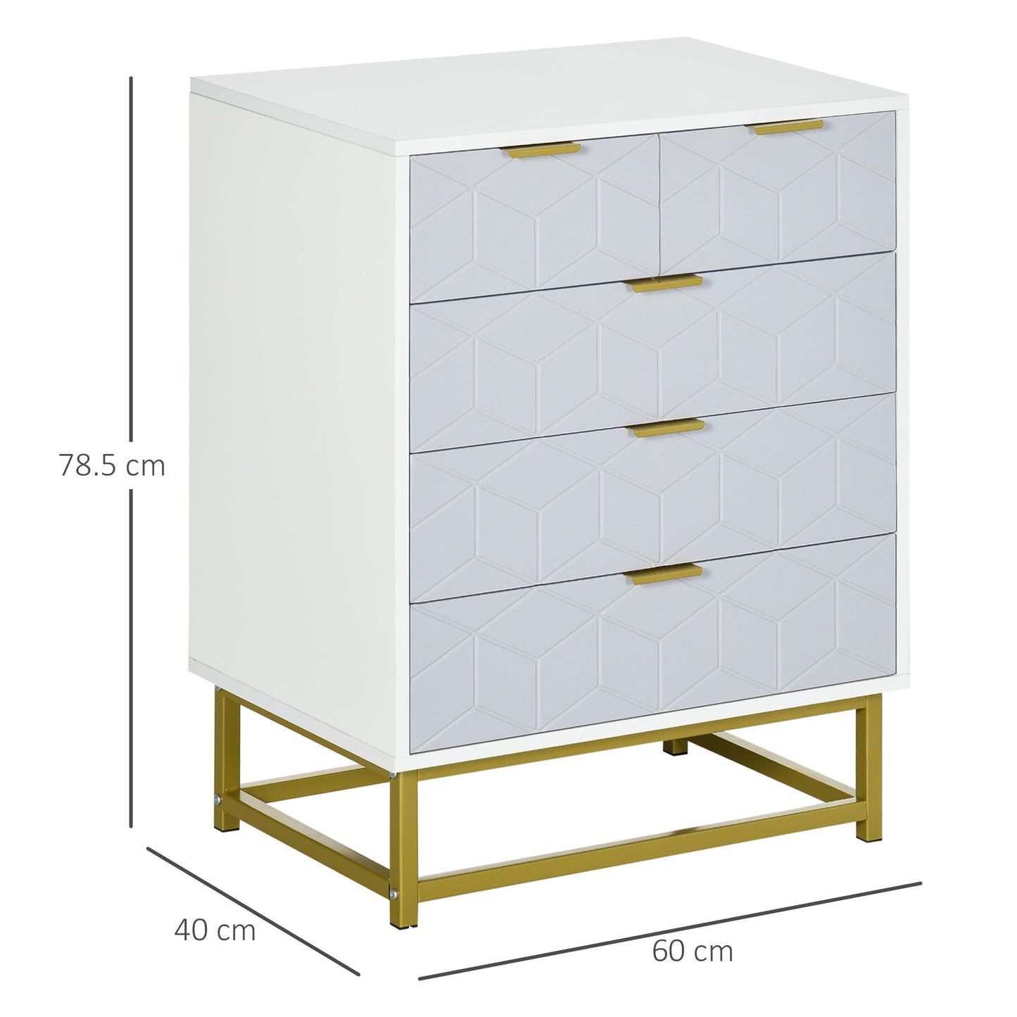 HOMCOM Modern Chest of Drawers, 5-Drawer Storage Organizer Unit with Golden Effect Steel Base for Bedroom, Living Room, Natural, White