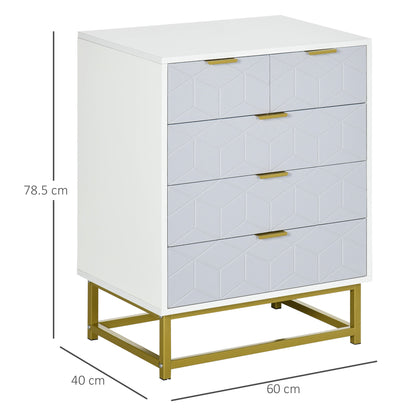 HOMCOM Modern Chest of Drawers, 5-Drawer Storage Organizer Unit with Golden Effect Steel Base for Bedroom, Living Room, Natural, White