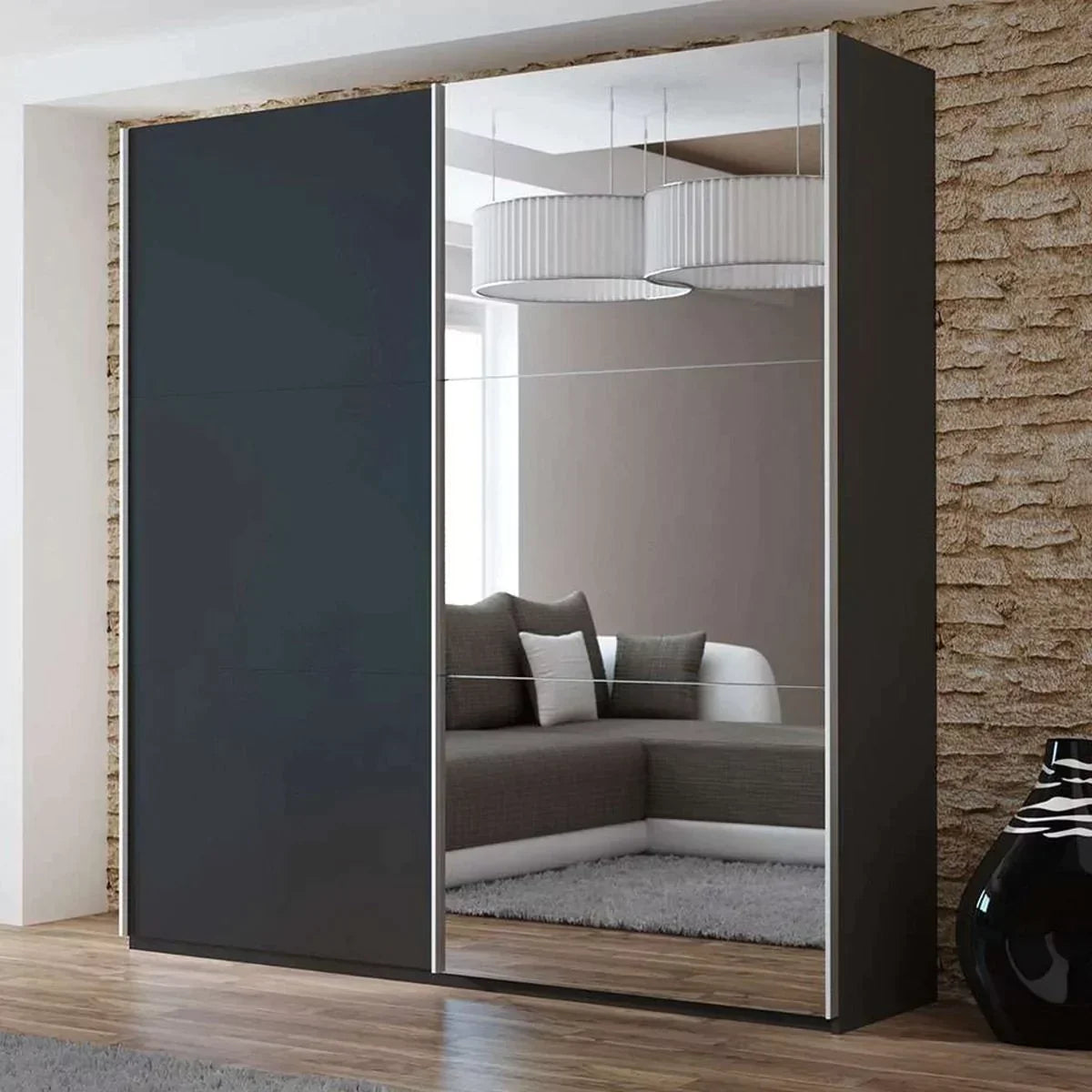 Boris Sliding Door 200cm Wardrobe with Mirror - Black, White, Graphite