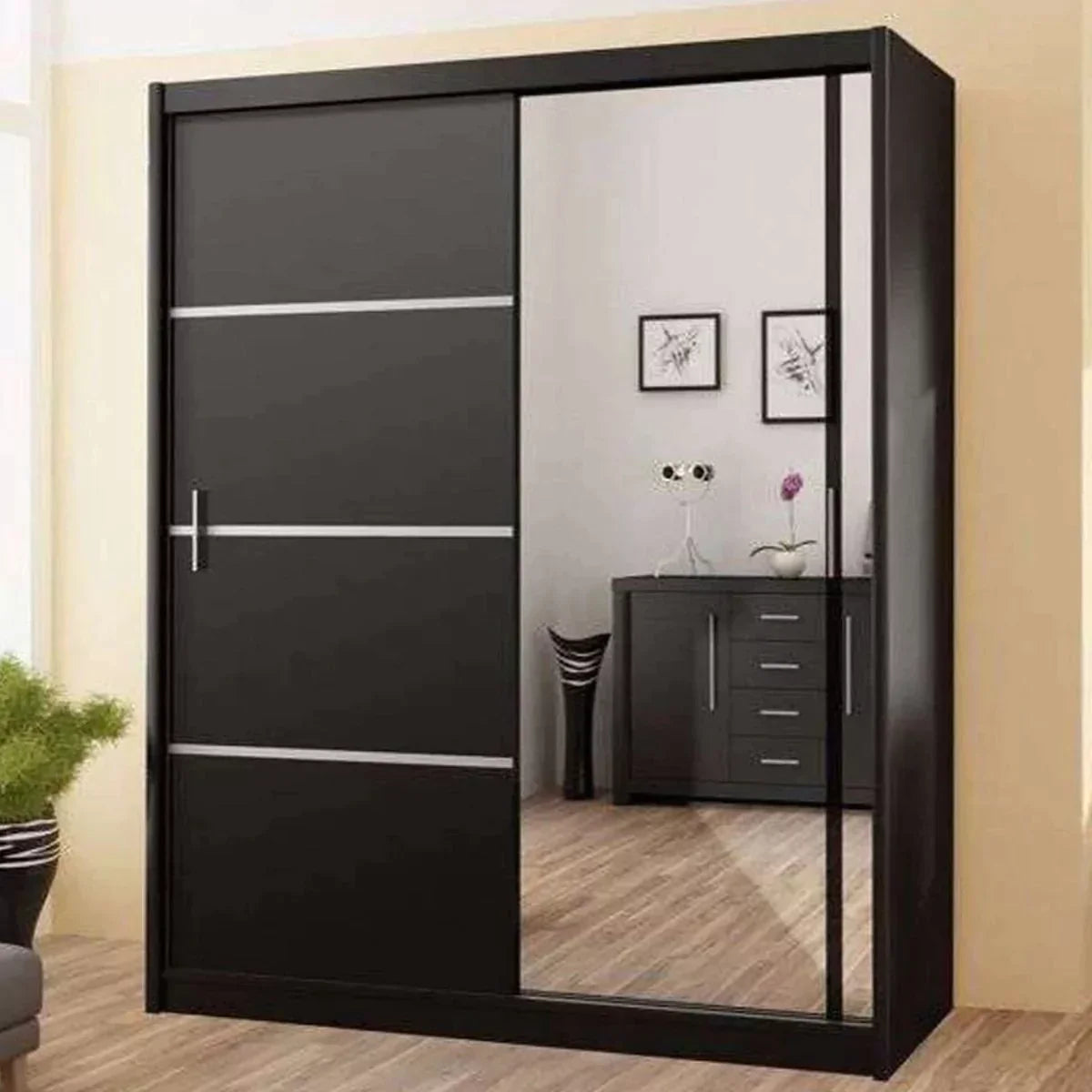 Broadland Sliding Door 180cm Wardrobe with Mirror - Sonoma, White, Black