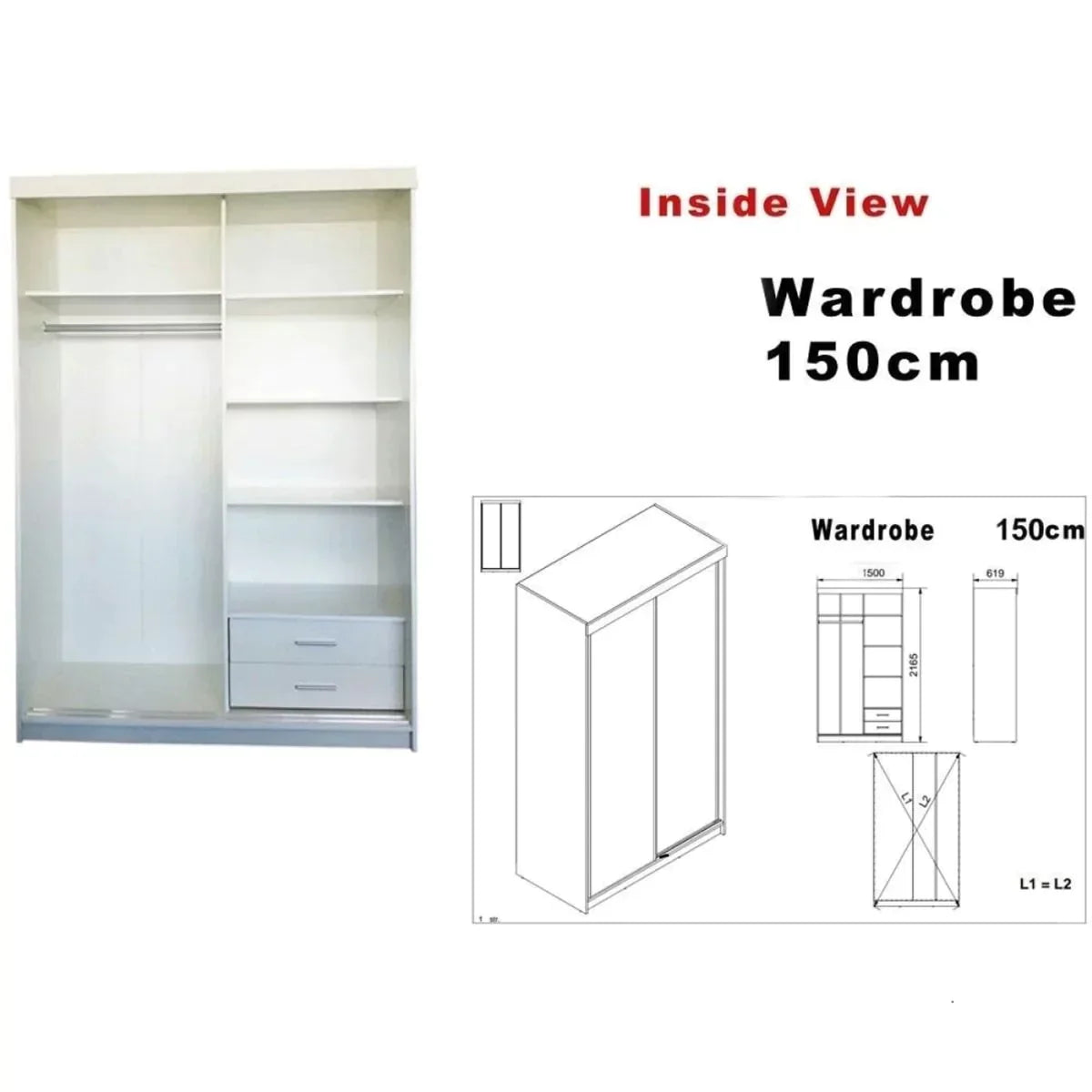 Texas White High Gloss Sliding Door Wardrobe - 3 Sizes