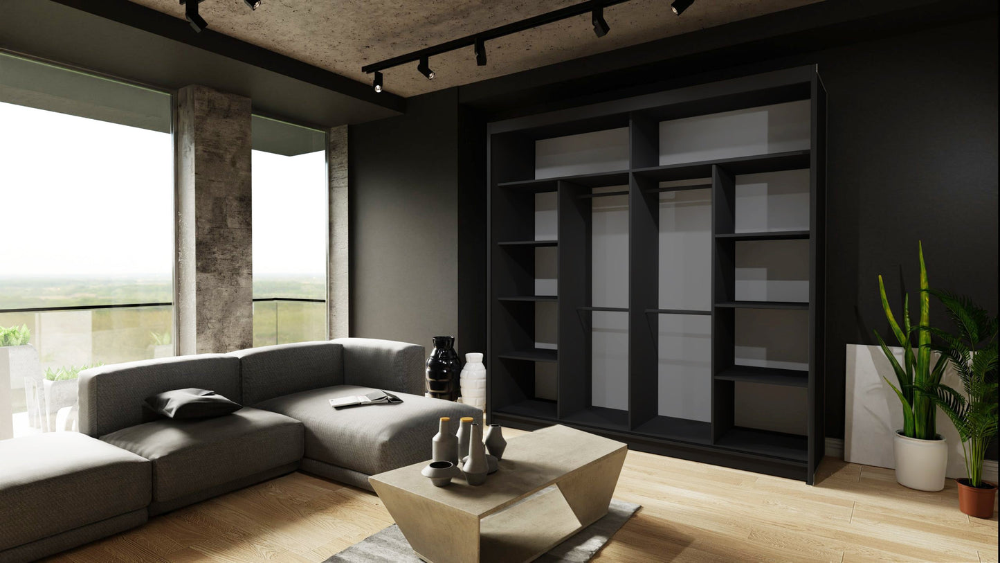 Moon 2 Sliding Door Wardrobe Black, White, Grey - 150cm and 203cm