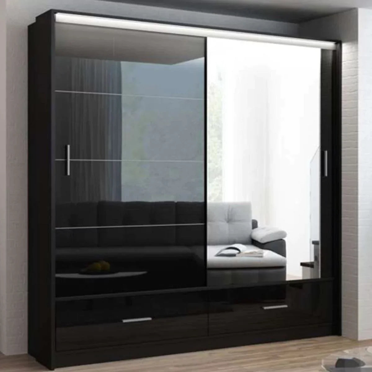 Warrington Sliding Door 208cm Mirror Wardrobe with 2 Drawers - Graphite