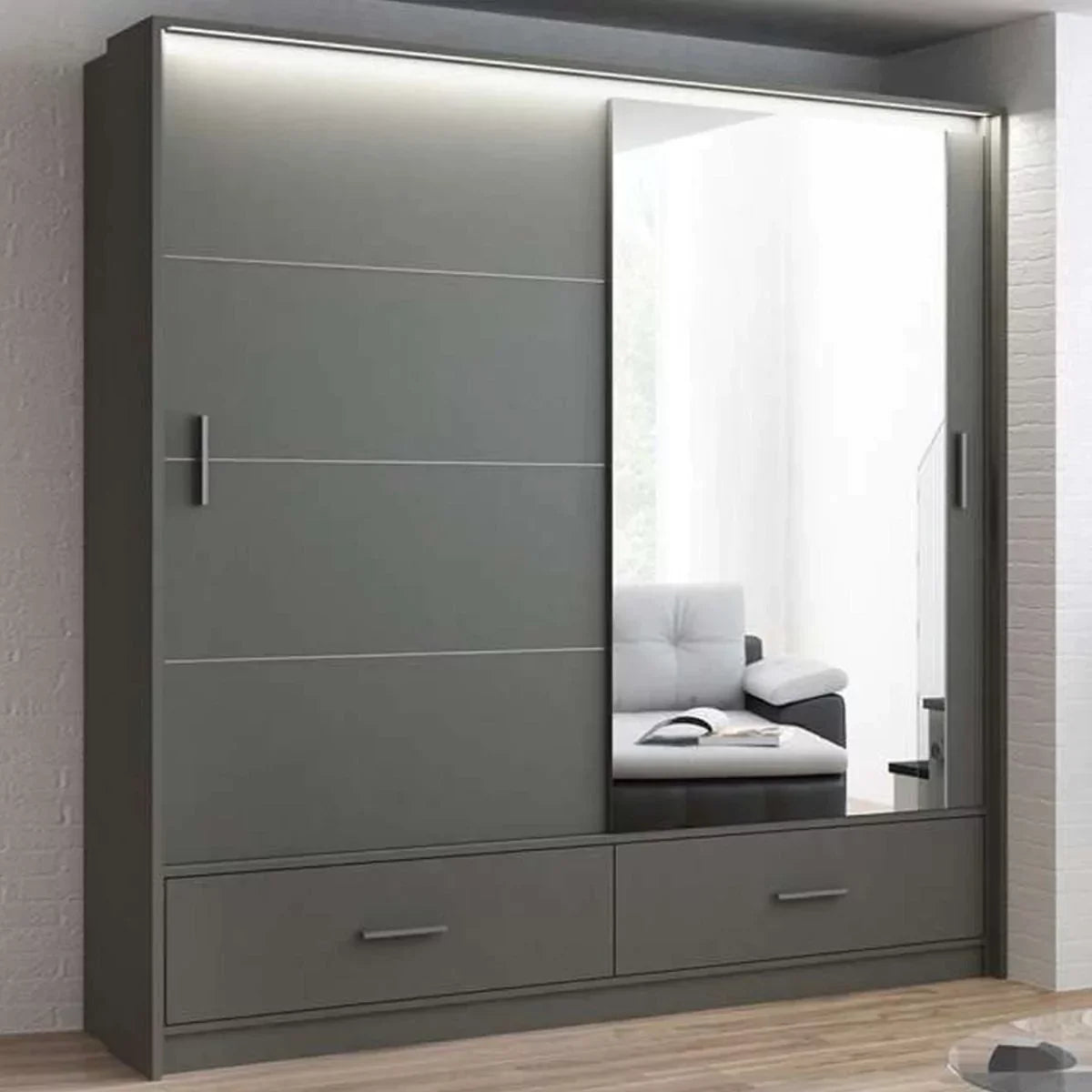 Warrington Sliding Door 208cm Mirror Wardrobe with 2 Drawers - Black, Graphite, White