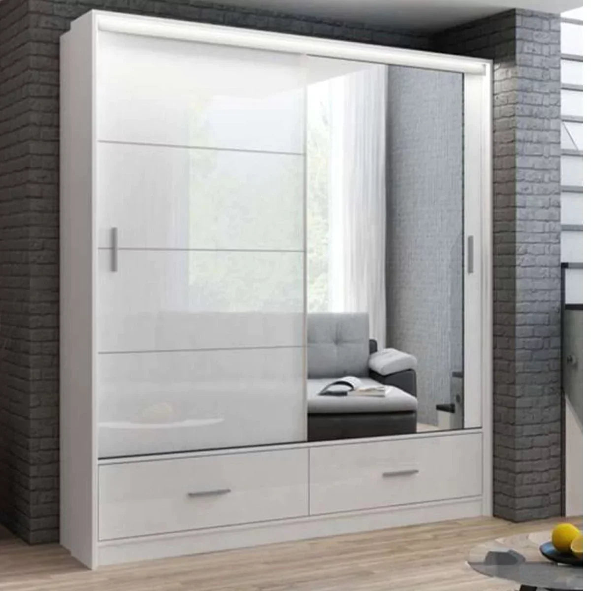 Warrington Sliding Door 208cm Mirror Wardrobe with 2 Drawers - White, Graphite, Black