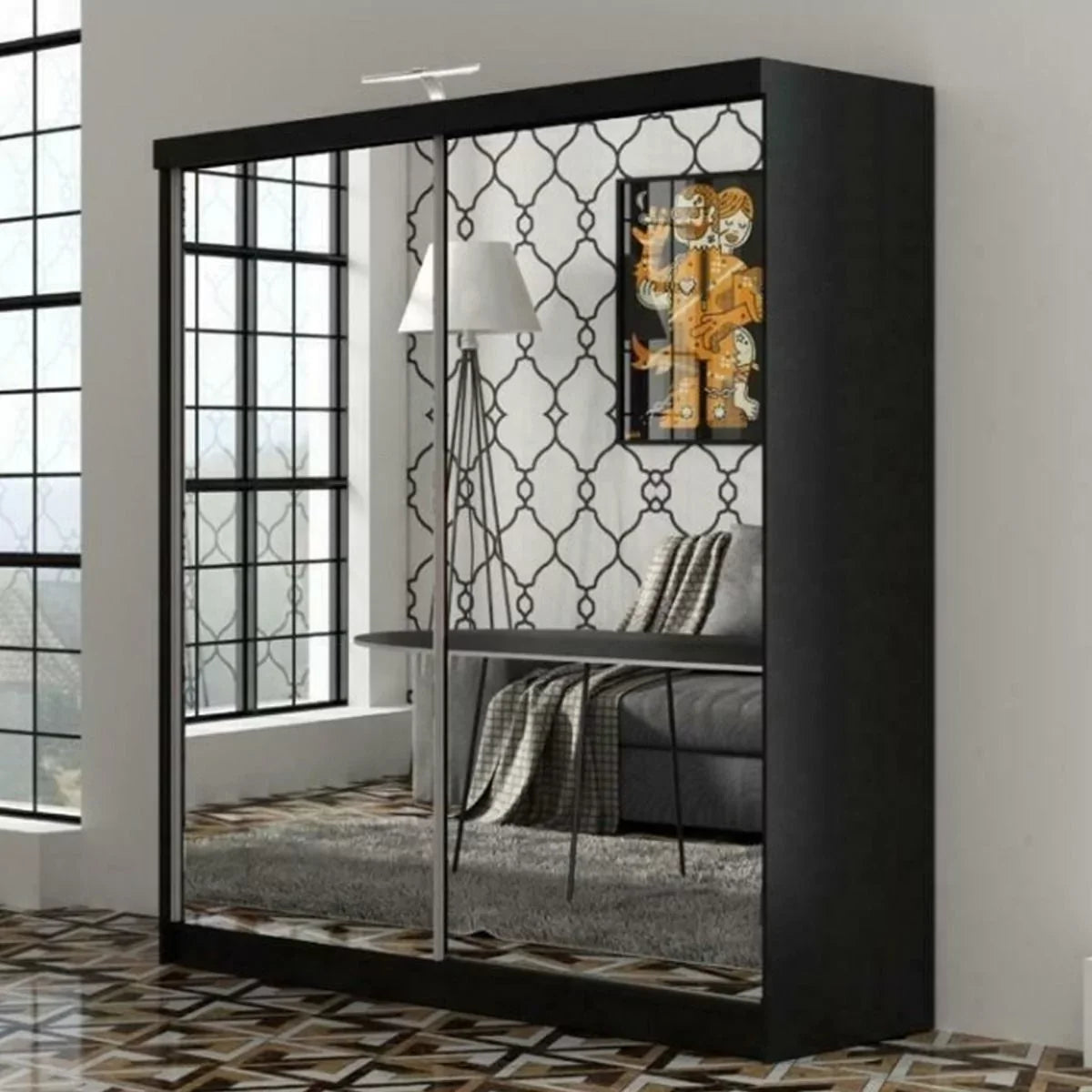 Quine Mirrored Sliding Door Wardrobe in 2 Sizes - Black, White, Grey