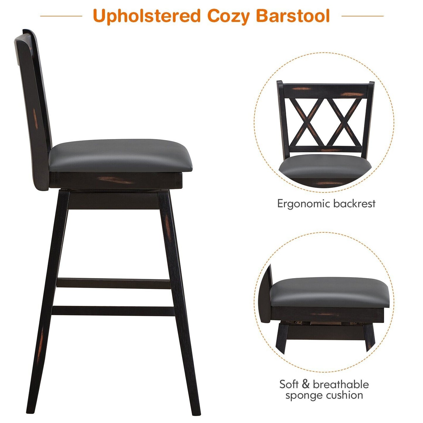 Set of 2 Counter Height Bar Stool with Foot Rest Upholstered Cushion-Black