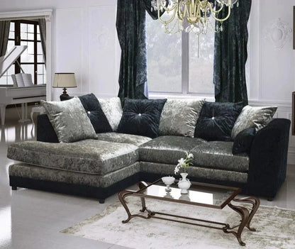 Serene Dual-Toned Crushed Velvet Corner Sofa Suite-Black and Silver or Brown and Mink