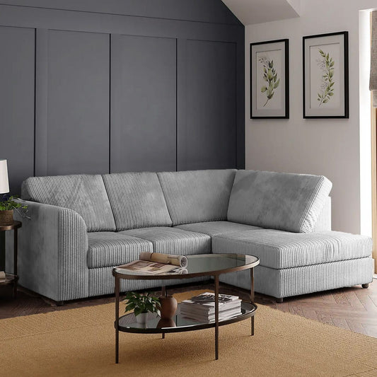Narożna sofa Blake Full Back Silver Jumbo Cord z podłokietnikiem po prawej i lewej stronie – dostępna w innych kolorach