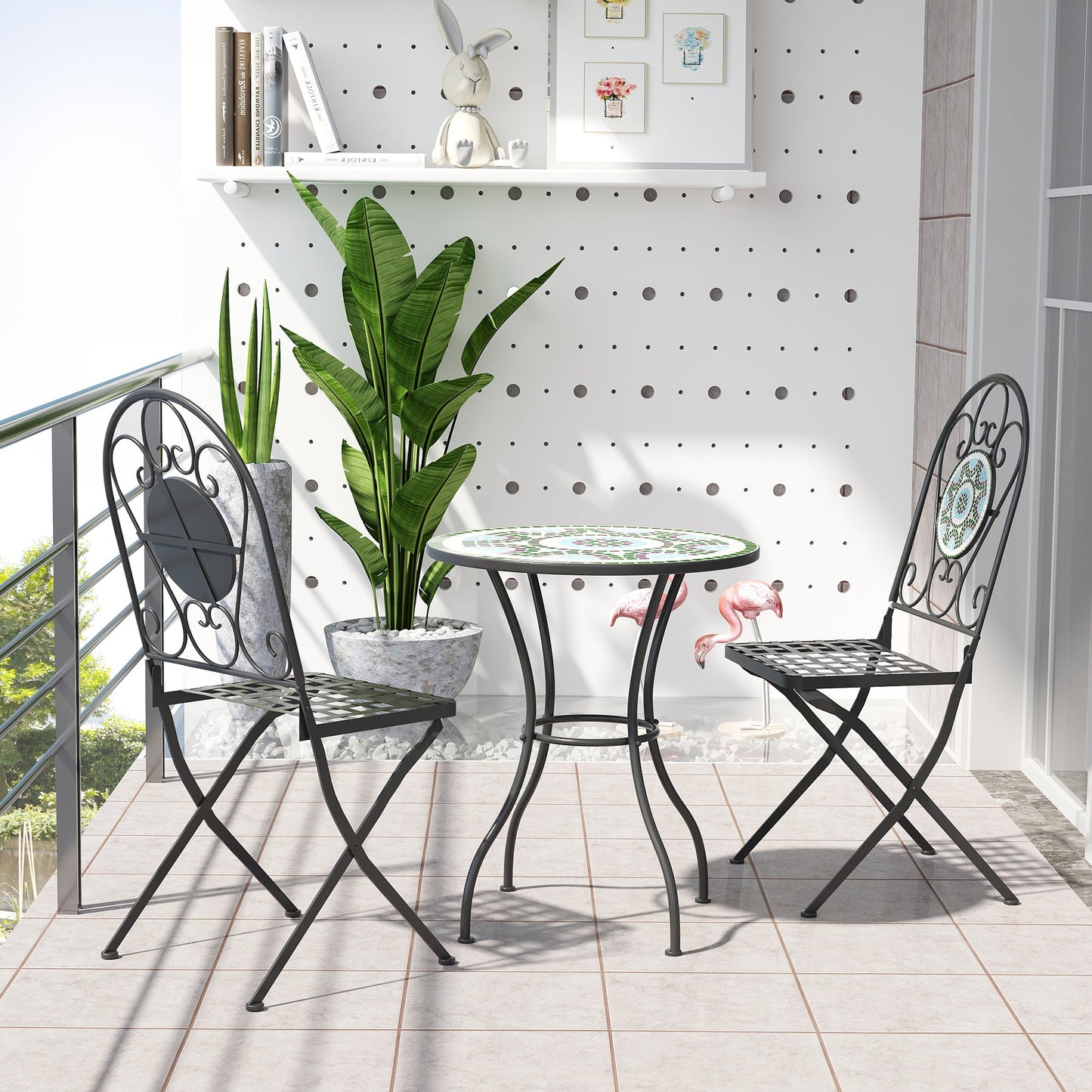 Outsunny 3PCs Bistro Set, Outdoor Metal Frame Mosaic Decoration Garden Table and Chair Set, Patio Folding Chairs Furniture Set