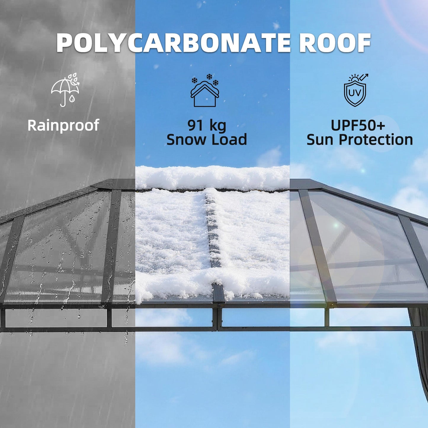Outsunny 3 x 4 m Outdoor Hardtop Gazebo Canopy with PC Roof, Aluminium Permanent Pavilion Garden Gazebo with Curtains, Dark Grey
