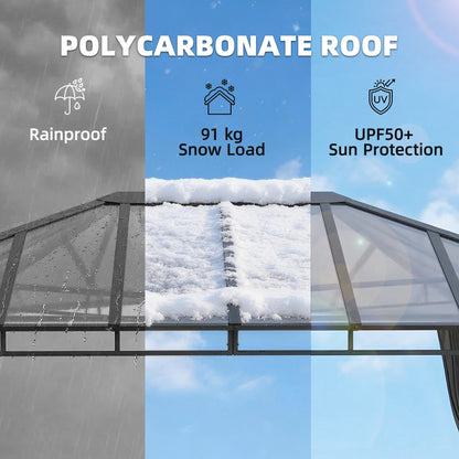 Outsunny 3 x 4 m Outdoor Hardtop Gazebo Canopy with PC Roof, Aluminium Permanent Pavilion Garden Gazebo with Curtains, Dark Grey