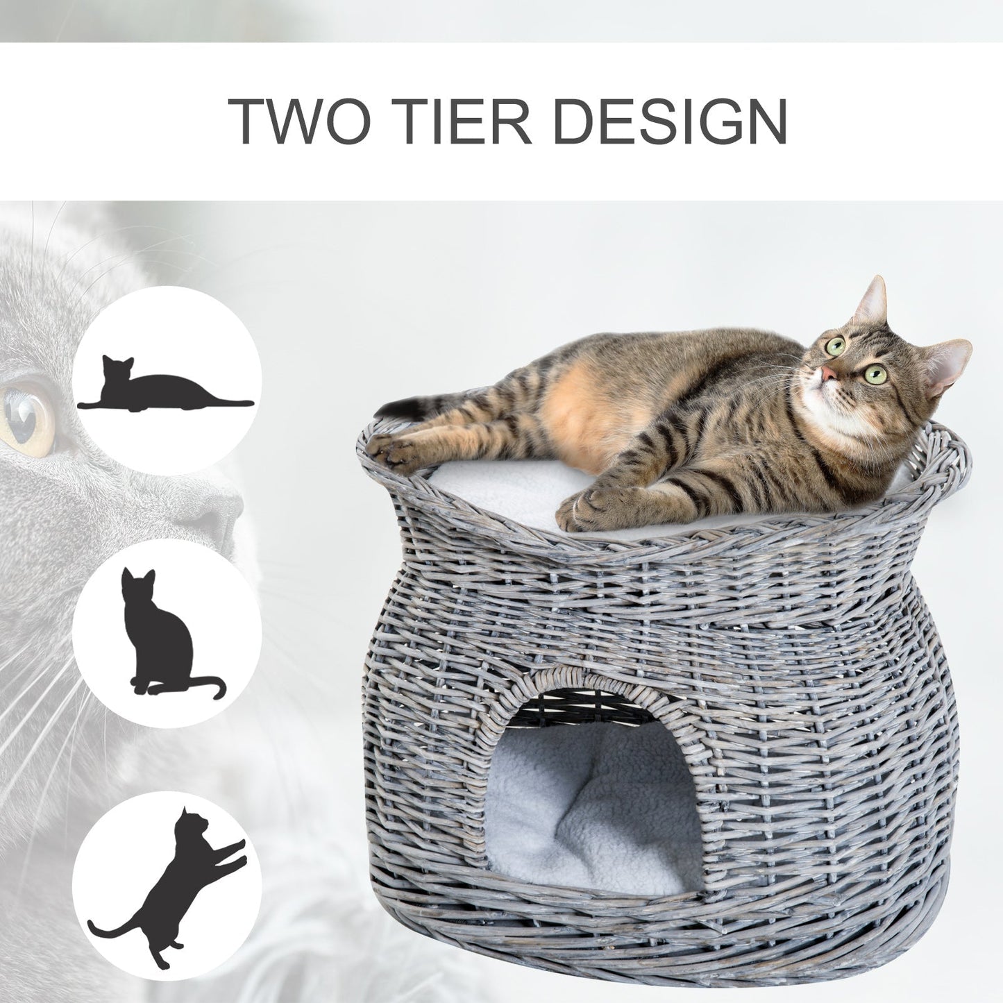 PawHut 2-Tier Wicker Cat House مرتفعة سرير الحيوانات الأليفة سلة الصفصاف هريرة برج الحيوانات الأليفة دن. مع وسائد قابلة للغسل مقاس 56x37x40 سم باللون الرمادي