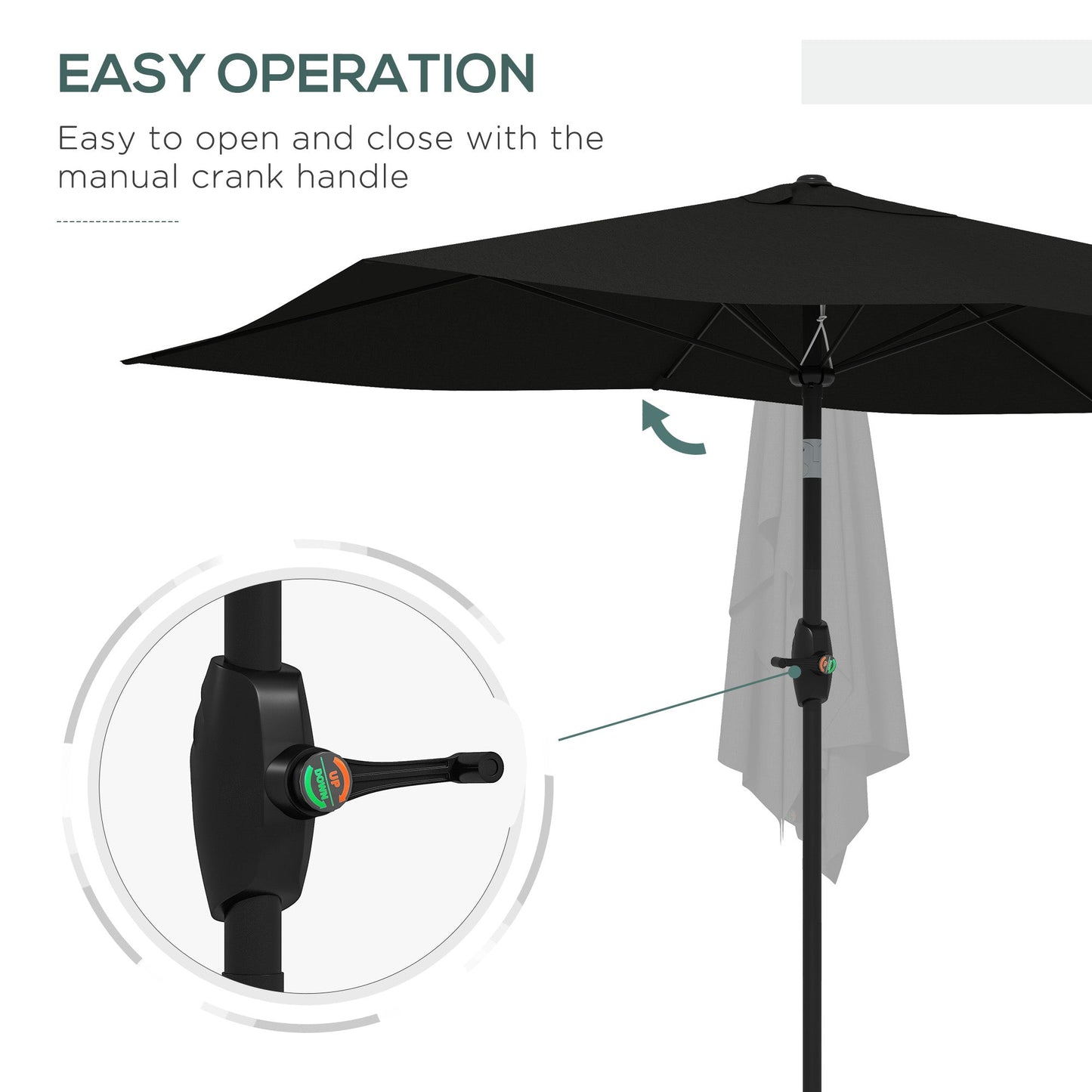 Outsunny 2 x 3(m) Parasol ogrodowy, prostokątny, z korbką i przyciskiem do odchylania, 6 żeber, aluminiowy słupek, czarny
