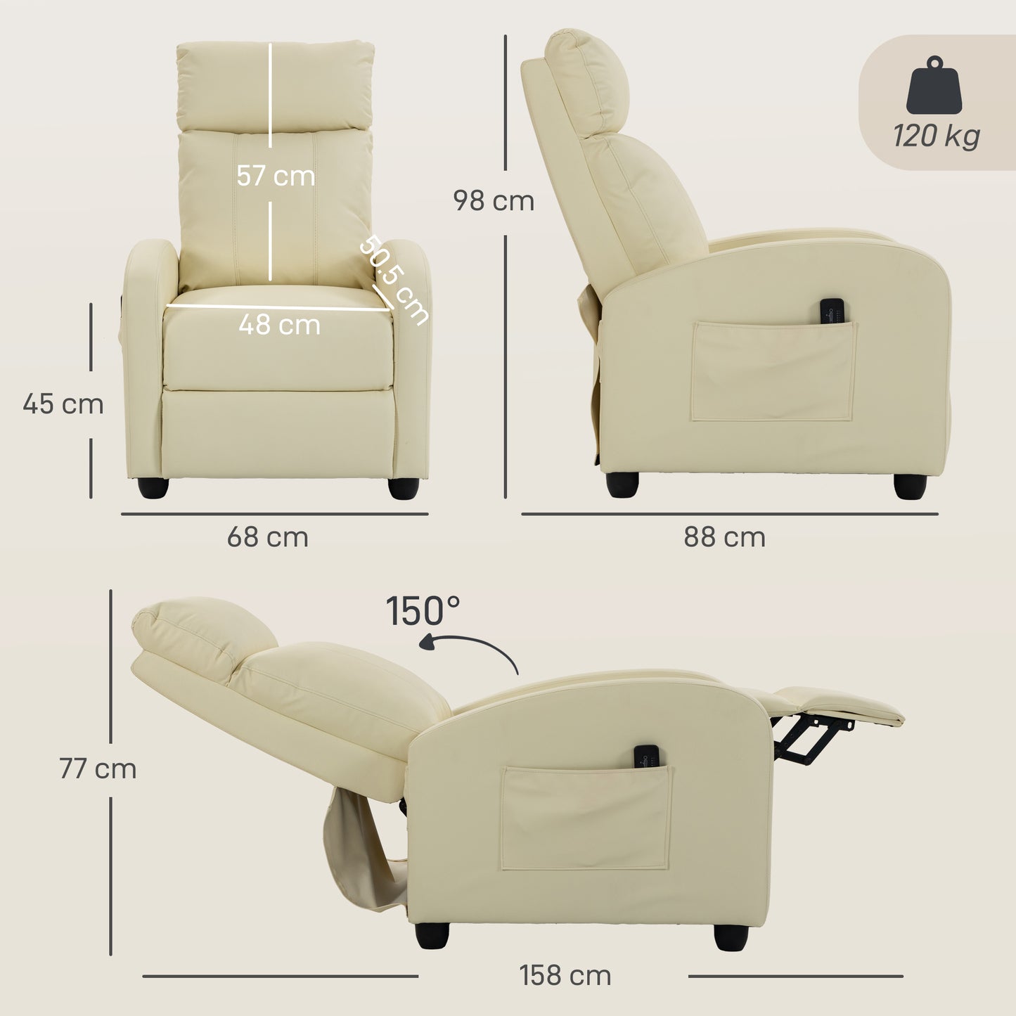 HOMCOM Recliner Armchair, Massage Faux Leather Push Back Reclining Chair with Adjustable Leg Rest, Side Pocket, Cream White