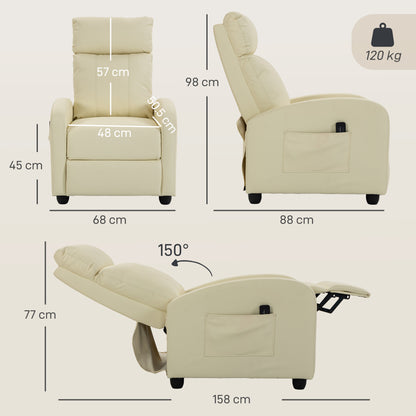 HOMCOM Recliner Armchair, Massage Faux Leather Push Back Reclining Chair with Adjustable Leg Rest, Side Pocket, Cream White