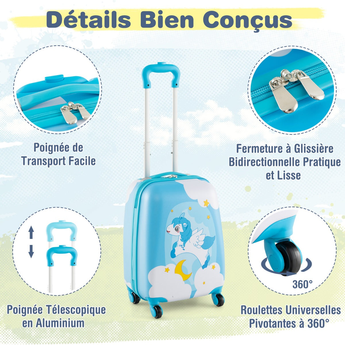 2 Pieces Kids Luggage Set with Wheels and Height Adjustable Handle-Light Blue