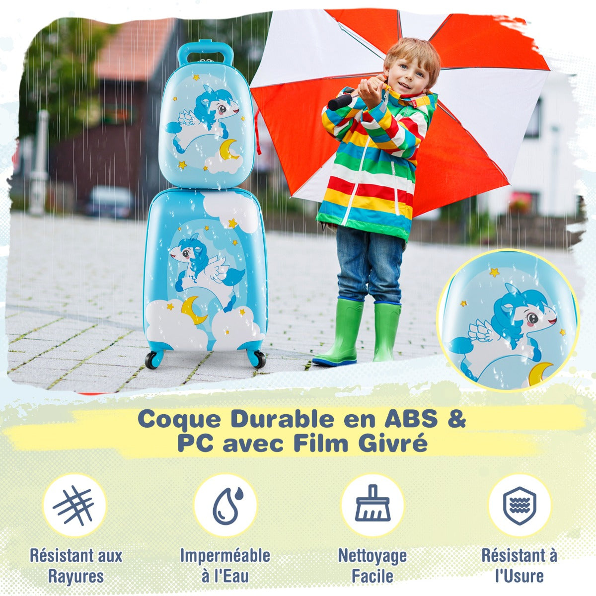 2 Pieces Kids Luggage Set with Wheels and Height Adjustable Handle-Light Blue