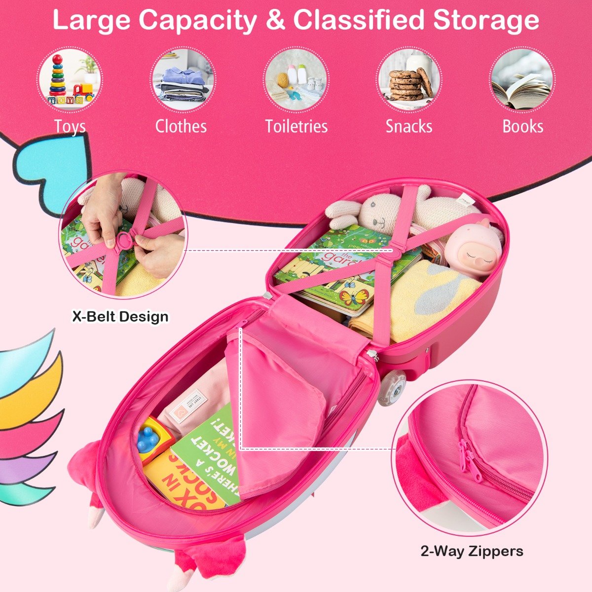 16 Inch Kids Luggage with Light-up Wheels and Telescopic Handle-Pink Horse