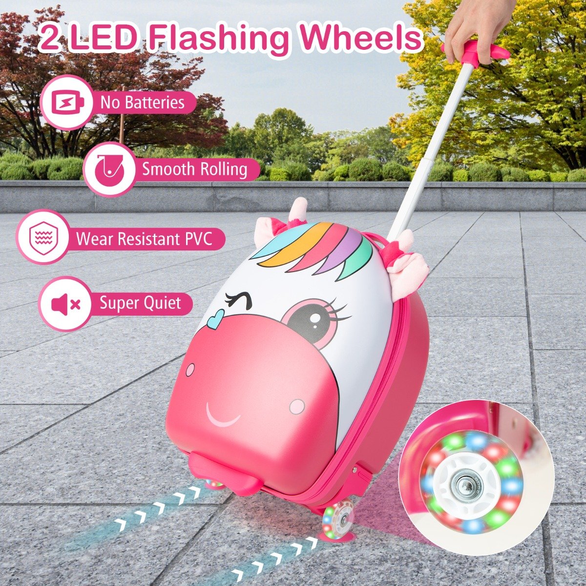 16 Inch Kids Luggage with Light-up Wheels and Telescopic Handle-Pink Horse