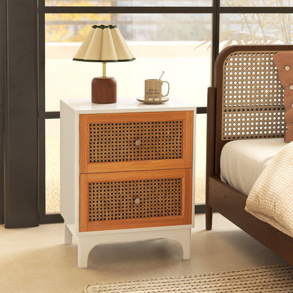 Boho Accent Table with 2 Handwoven Rattan Decorated Drawers-White