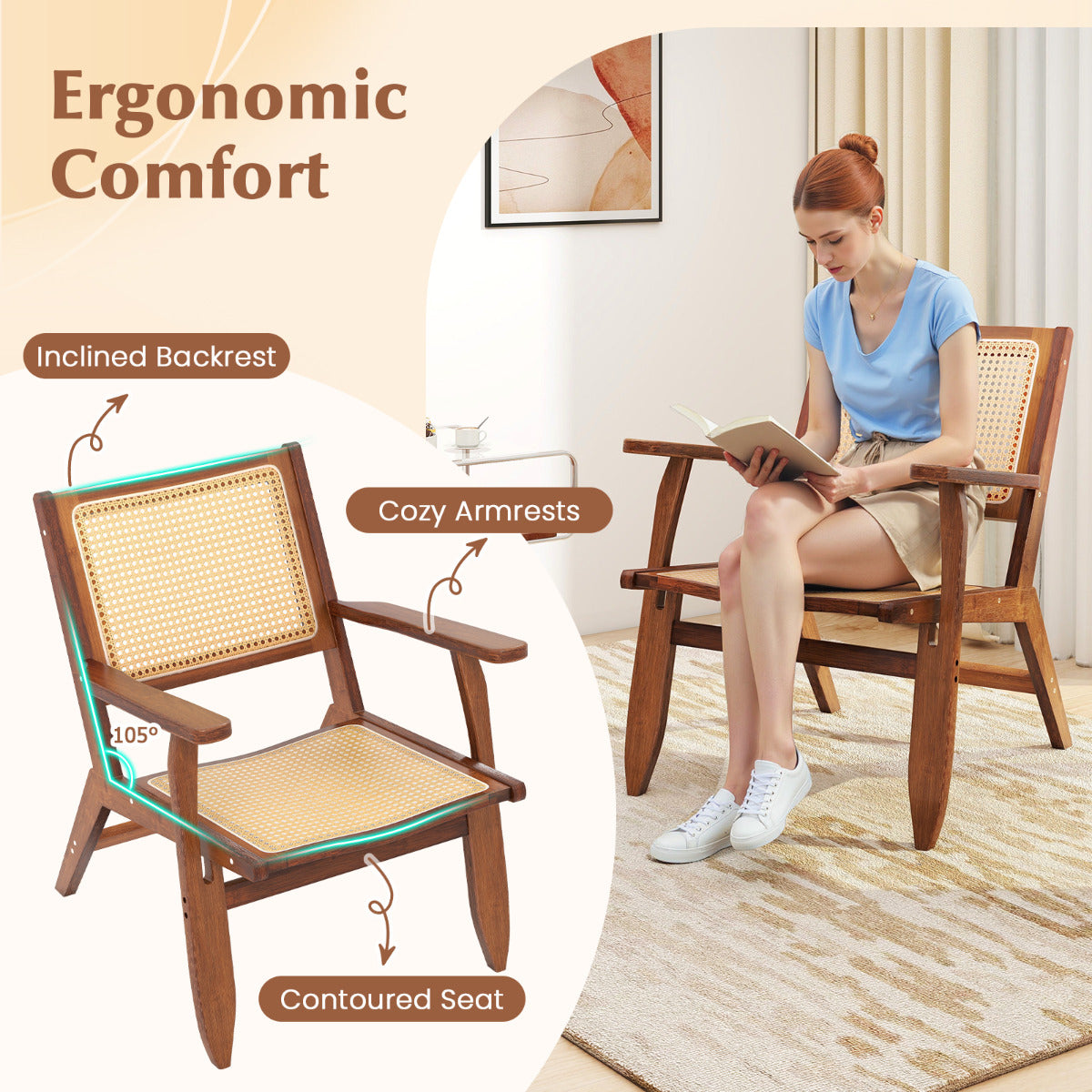 Boho Rattan Accent Chair with Solid Bamboo Wood-Walnut