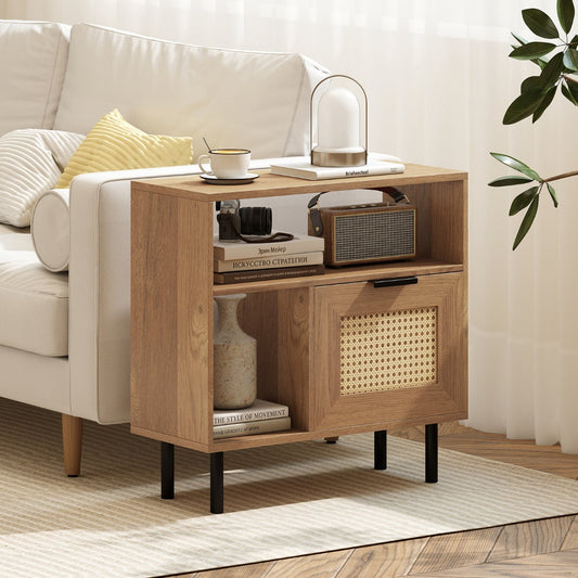 Boho Rattan Side End Table with Open Storage Shelf and Cabinet-Natural
