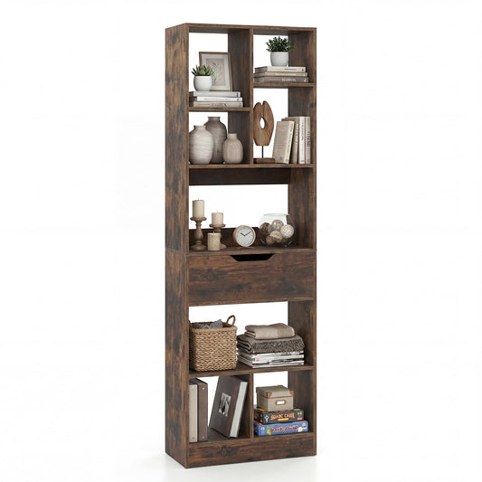 Bookcase with Drawer & 8 Open Cubes in Rustic Brown