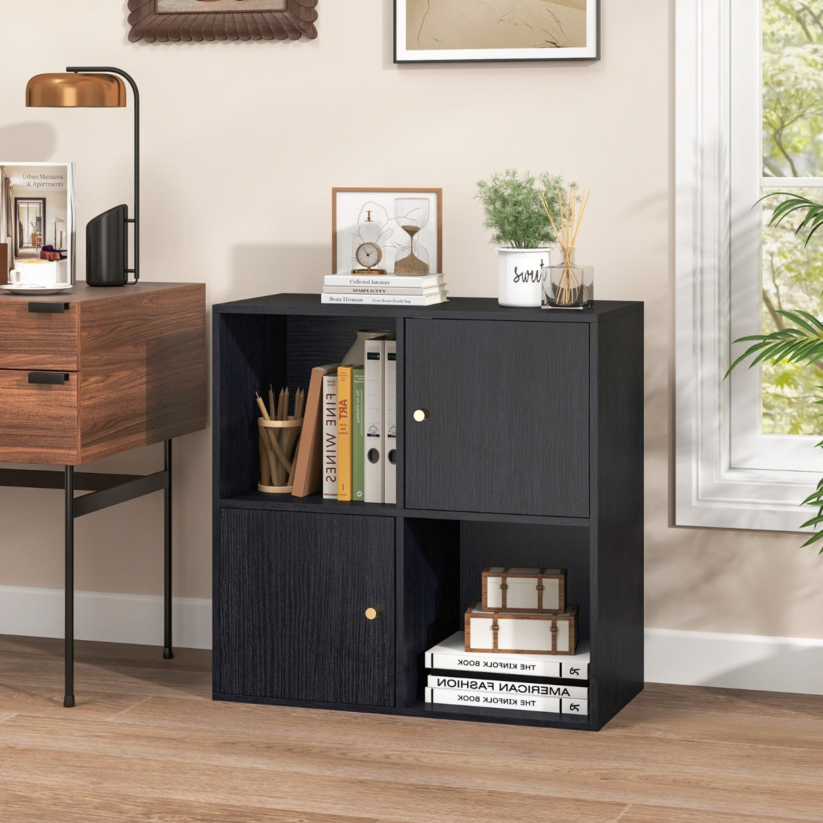 3-Tier Bookshelf with Dual Anti-Tipping Kits and 2 Cabinets-Black