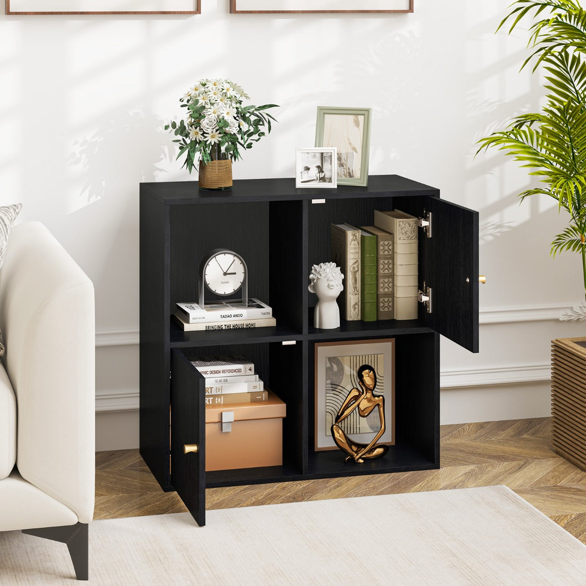 3-Tier Bookshelf with Dual Anti-Tipping Kits and 2 Cabinets-Black