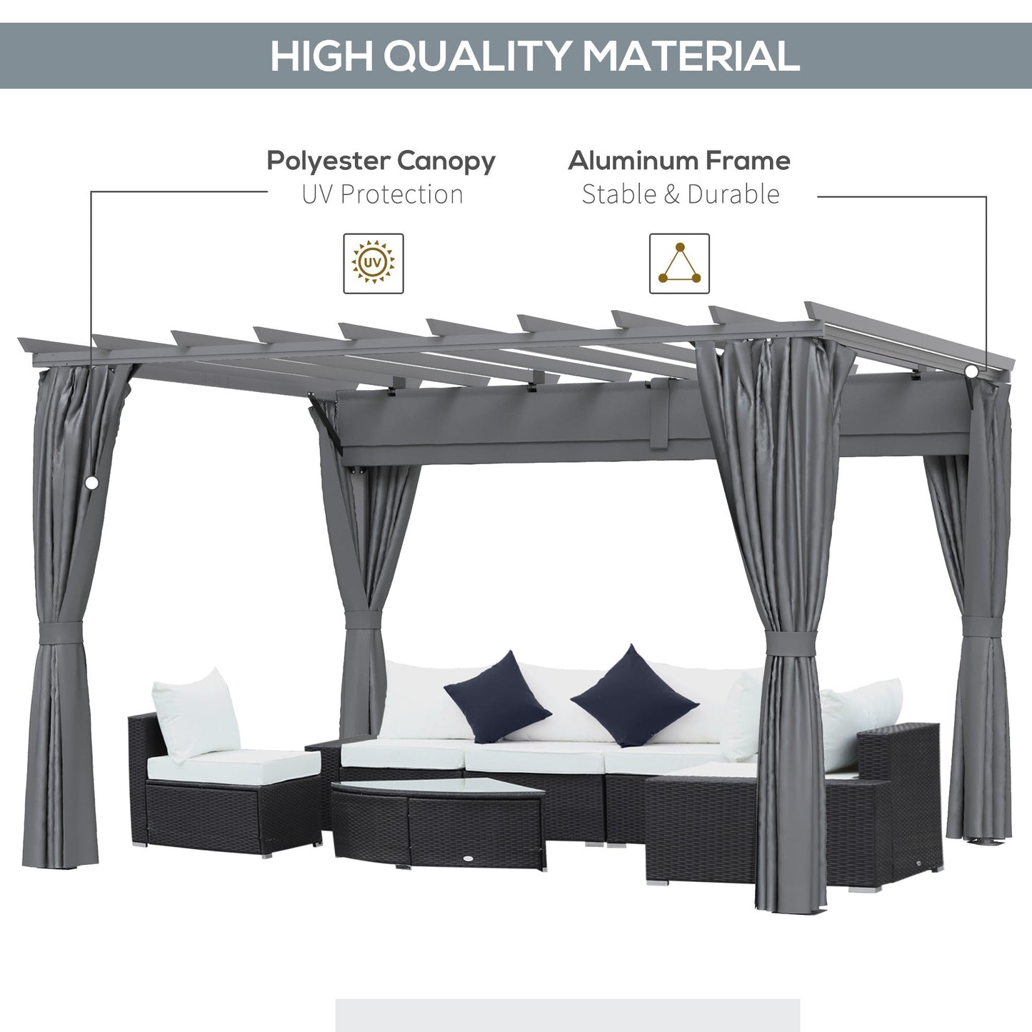 Outsunny 3.6 x 3(m) Outdoor Pergola with Retractable Roof and Curtains, Garden Gazebo Canopy Sun Shade Shelter with Aluminum Frame, Dark Grey