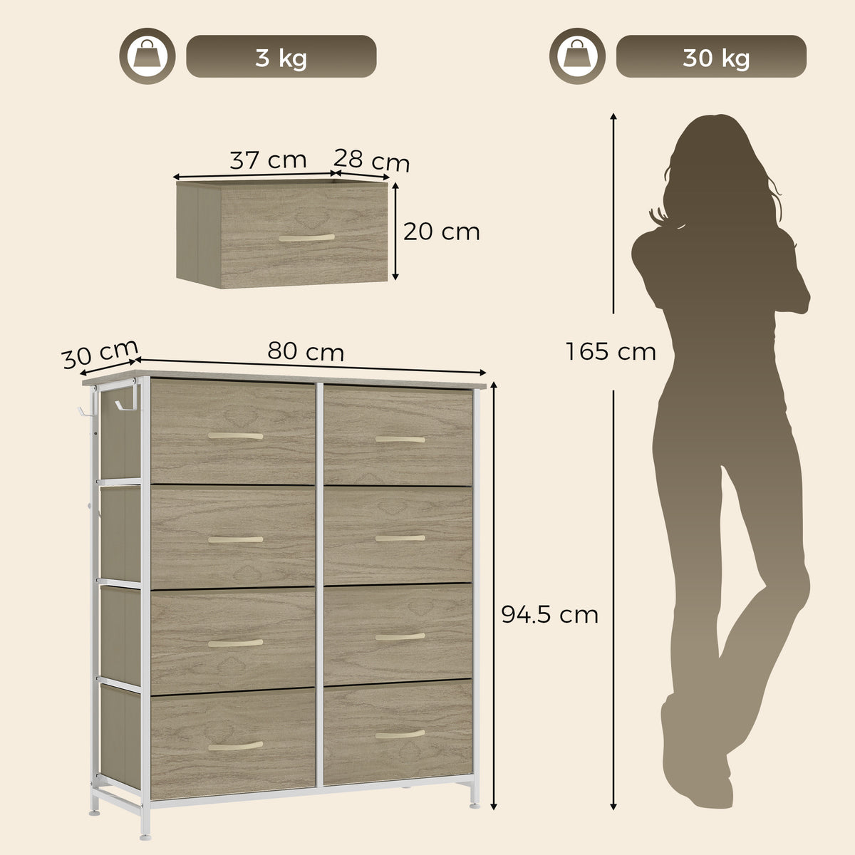 HOMCOM Chest of Drawers, Dresser for Bedroom with 8 Fabric Drawers, Tall Storage Unit w/ Side Storage Bag, Natural Wood Finish