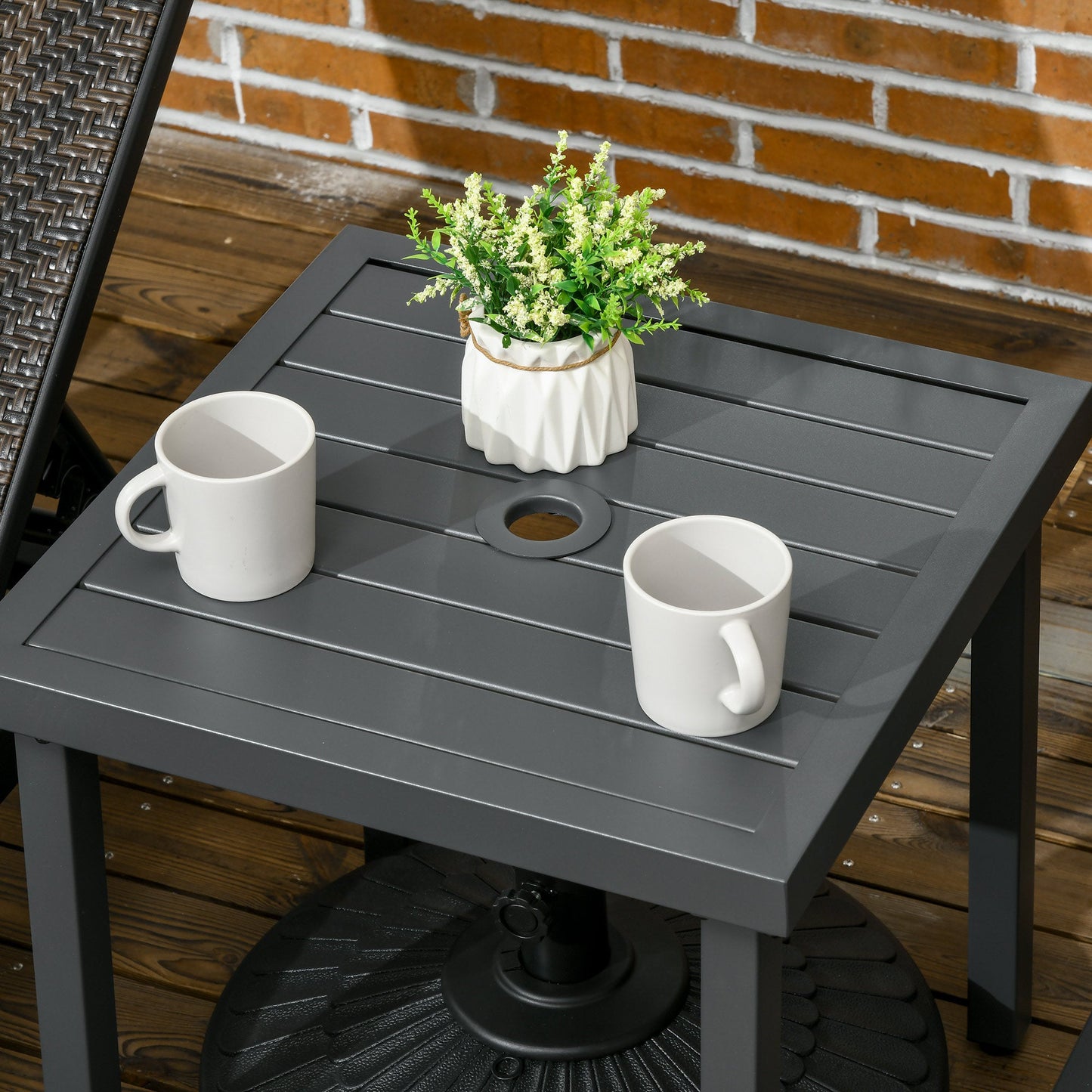 Outsunny Garden Side Table, 51x51cm Square Patio Coffee Table with Umbrella Hole, End Table with Steel Frame for Balcony, Grey