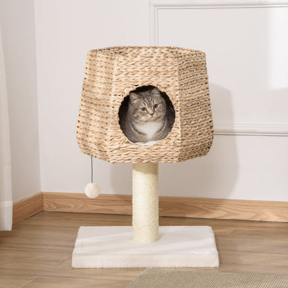 PawHut Cat Tree Tower Climbing Activity Center Kitten Furniture with Cattail Fluff Bed Condo Sisal Scratching Post Hanging Ball 45 x 45 x 66cm Natural