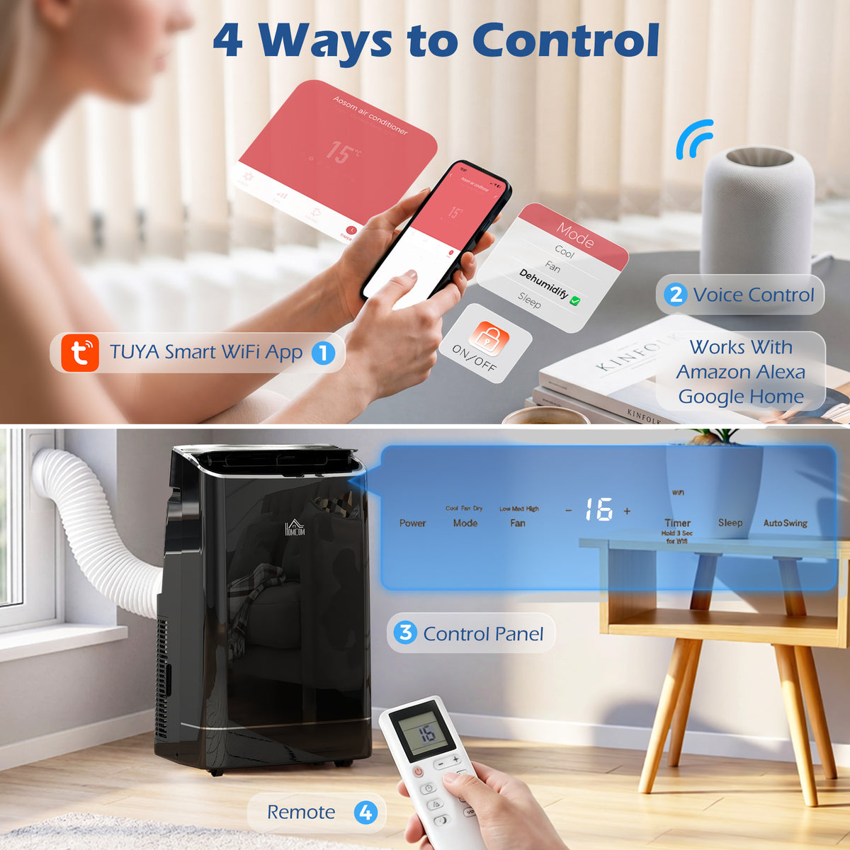 HOMCOM 14000 BTU Mobile Air Conditioner, 35m², Smart Home WiFi, with Dehumidifier, Fan, 24H Timer, Window Kit, Black