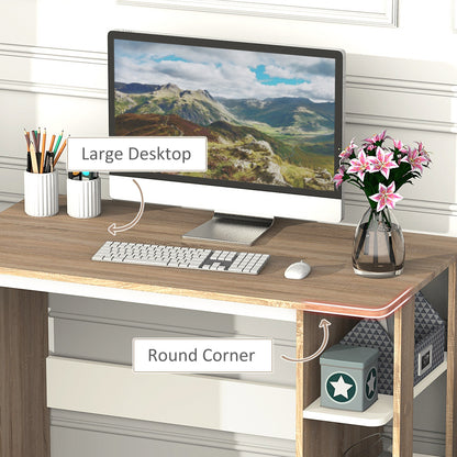 HOMCOM Computer Desk, Writing Desk with 3-Tier Storage Shelf, Work Table for Home Office, Study, Living Room, Oak and White