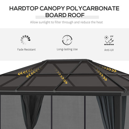 Outsunny 3 x 3.6m Hardtop Gazebo Canopy with Polycarbonate Roof, Aluminium Frame, Permanent Pavilion Garden Gazebo with Netting and Curtains for Patio, Deck, Dark Grey