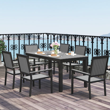 Outsunny 6 Seater Garden Dining Set with Stackable Chairs, Aluminium Frame, Rectangular Plastic Top, Garden Furniture Set, Outdoor Dining Table and Chairs for Patio, Balcony, Poolside, Grey