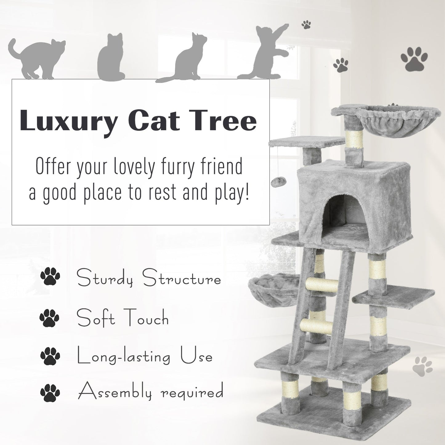 PawHut 1.2m Plush Cat Tree Activity Center with Sisal Scratching Posts Basket Perch Condo, Light Gray