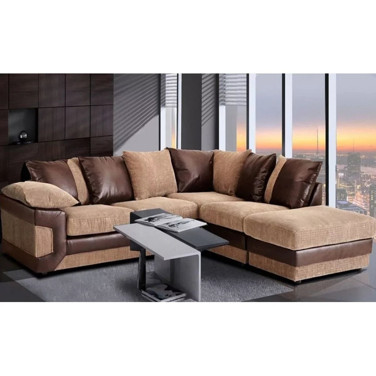 Swansea II Jumbo Cord Brown and Beige Corner Sofa - Left and Right Arm