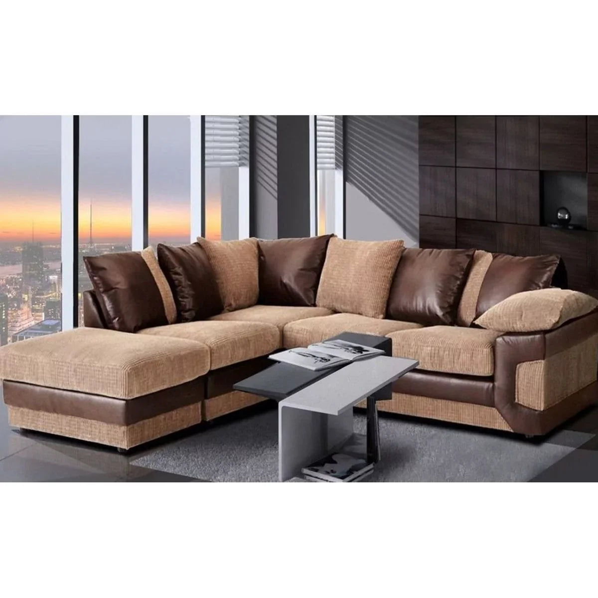 Swansea II Jumbo Cord Brown and Beige Corner Sofa - Left and Right Arm