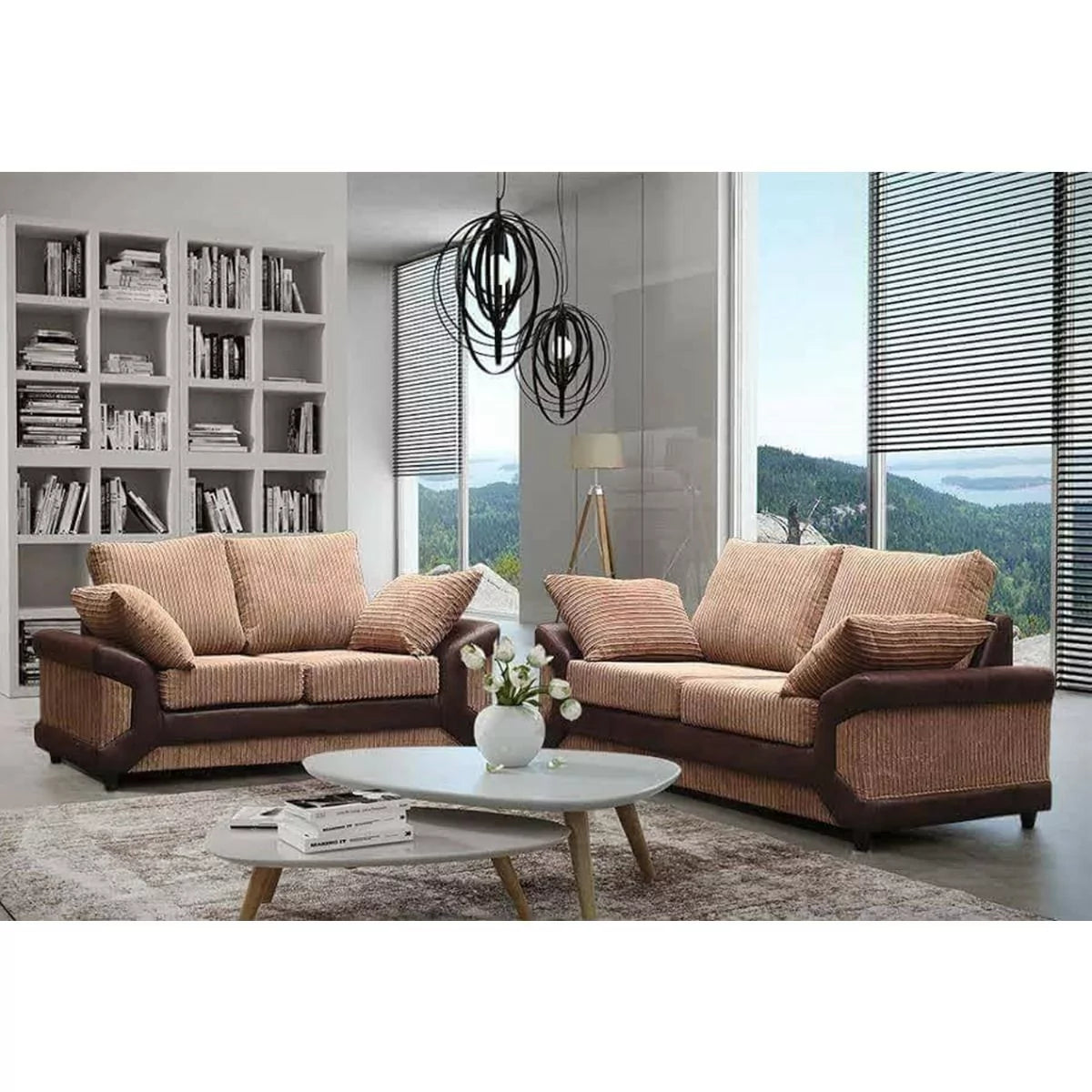 Swansea High Back Fabric 3 Seater and 2 Seater Sofa Set - Grey with Black or Brown with Beige