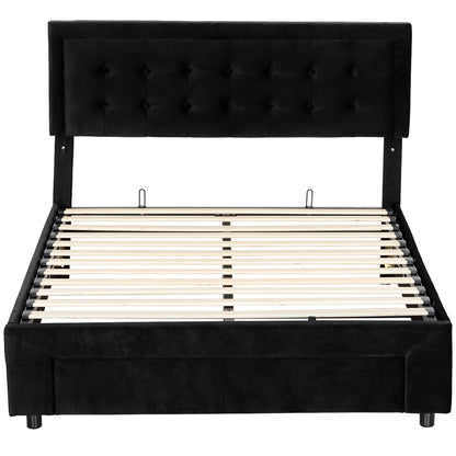 HOMCOM King Ottoman Bed Frame, Upholstered Bed Frame with Storage Drawer and Adjustable Headboard, 5ft, Black