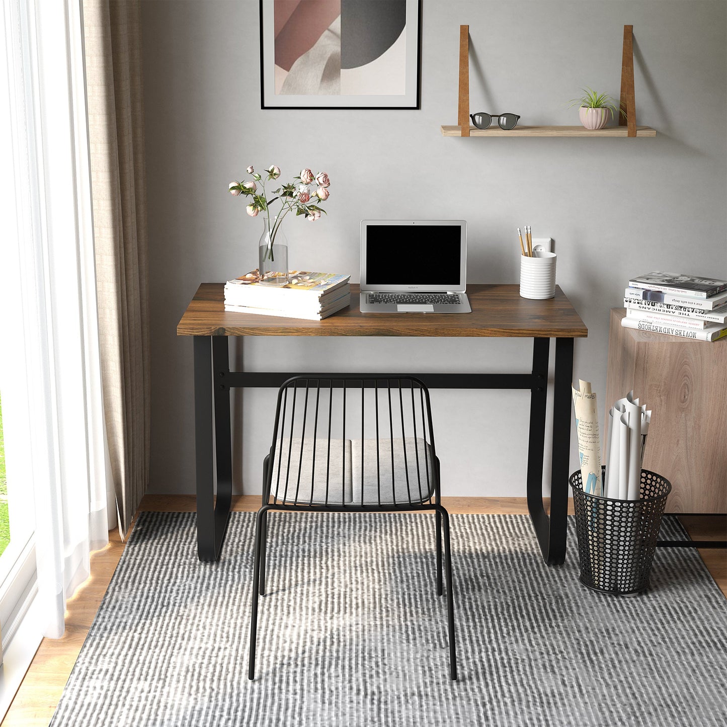 HOMCOM Computer Table, Writing Desk with Steel Frame and Wood Top, Industrial Home Study Table, 115 x 58 x 74.5cm, Rustic Brown and Black