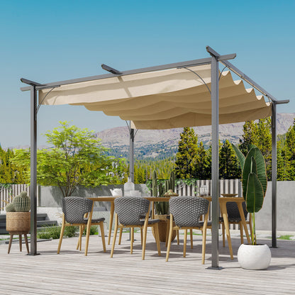 Outsunny 3 x 3(m) Metal Pergola with Retractable Roof, Garden Gazebo Metal Pergola Canopy. Outdoor Sun Shade Shelter for Party BBQ, Beige