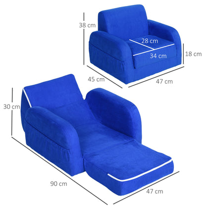 HOMCOM 2 w 1 Fotel dziecięcy Sofa rozkładana z wyściełaną drewnianą ramą sypialniana w kolorze niebieskim